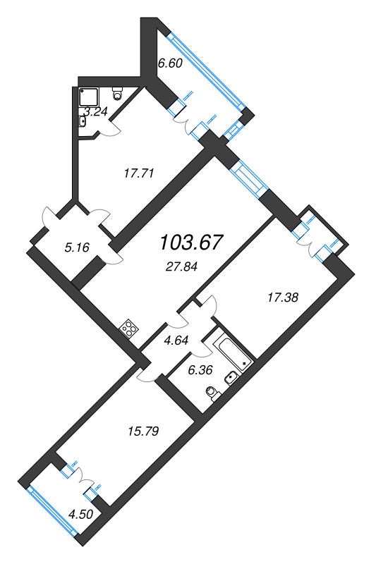 3-комнатная квартира, 103.1 м² в ЖК "Листва" - планировка, фото №1