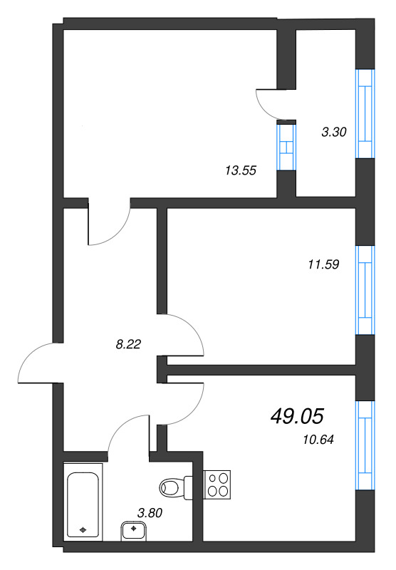 2-комнатная квартира, 49.05 м² - планировка, фото №1