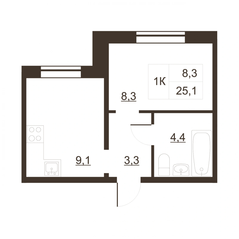 1-комнатная квартира, 25.3 м² в ЖК "Дом на набережной" - планировка, фото №1