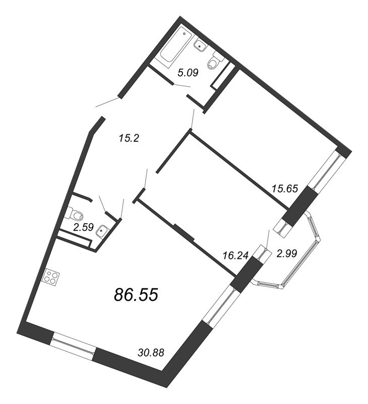 3-комнатная (Евро) квартира, 86.55 м² - планировка, фото №1