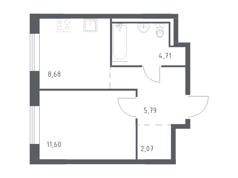 1-комнатная квартира, 32.85 м² - планировка, фото №1