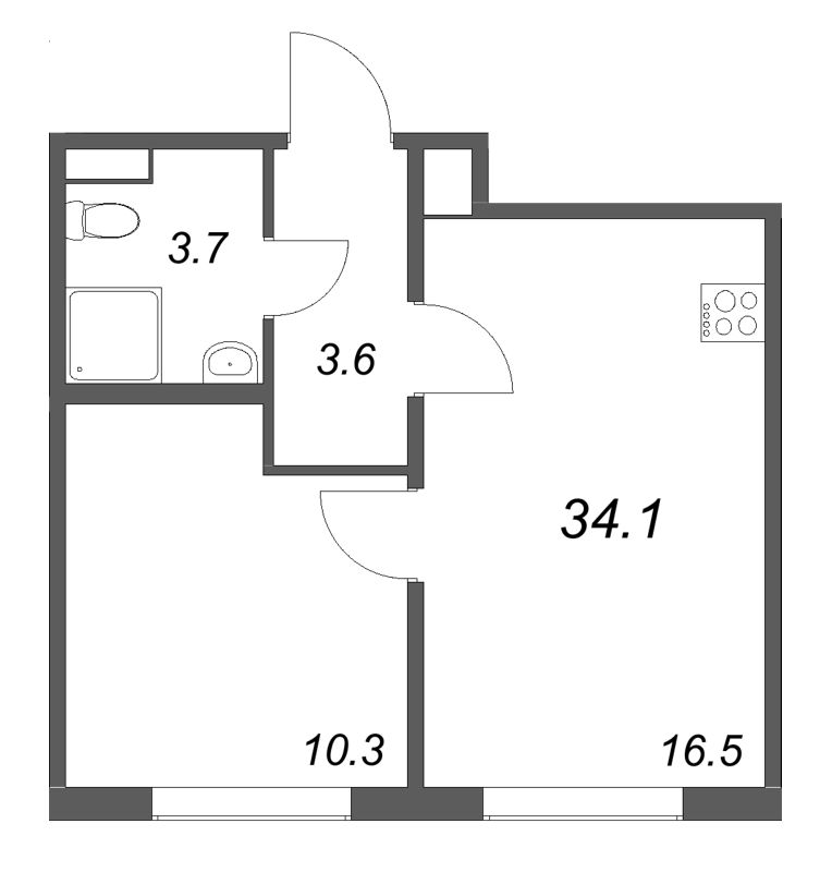 2-комнатная (Евро) квартира, 34.1 м² в ЖК "Пулково Lake" - планировка, фото №1
