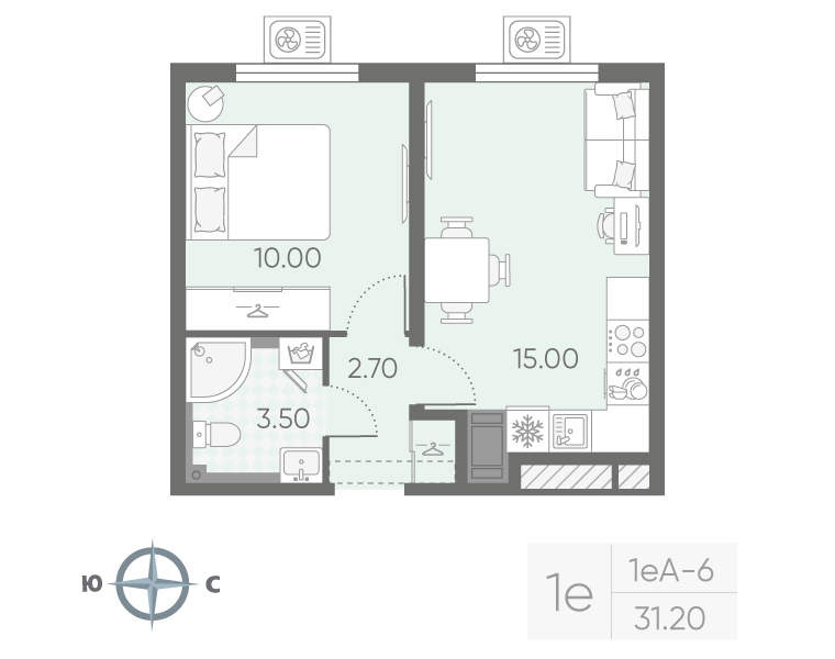 2-комнатная (Евро) квартира, 31.2 м² в ЖК "Зеркальный ручей" - планировка, фото №1
