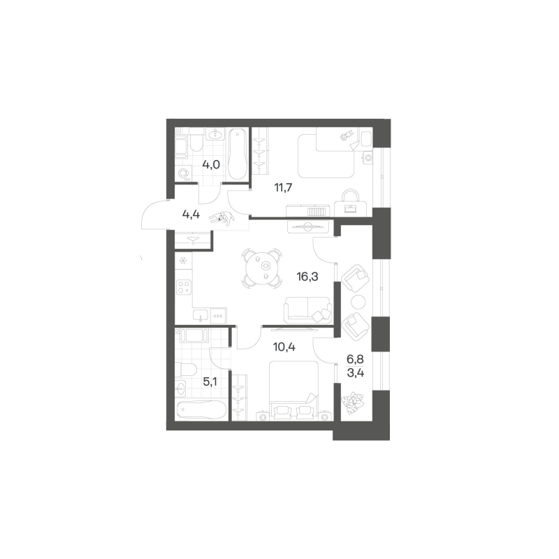 3-комнатная (Евро) квартира, 55.41 м² в ЖК "Новый Питер" - планировка, фото №1