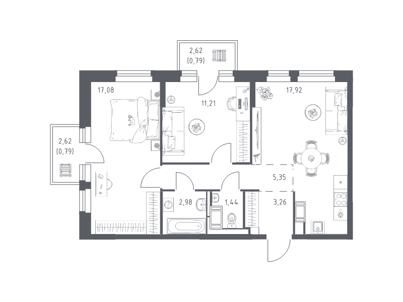 3-комнатная (Евро) квартира, 60.82 м² в ЖК "Новое Колпино" - планировка, фото №1