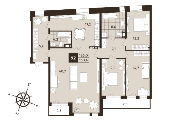 4-комнатная (Евро) квартира, 126 м² в ЖК "Дом на Бронницкой" - планировка, фото №1