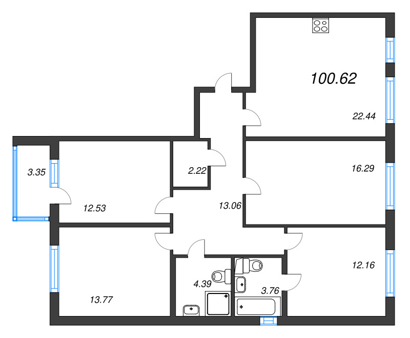 5-комнатная (Евро) квартира, 100.62 м² в ЖК "ЮгТаун" - планировка, фото №1