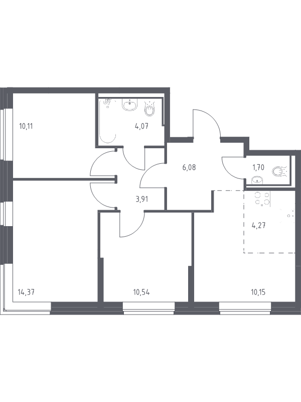 3-комнатная квартира, 65.2 м² - планировка, фото №1