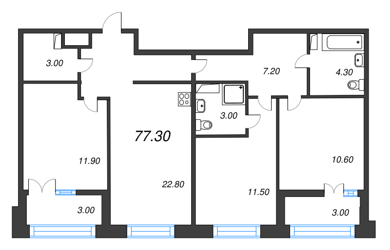 3-комнатная квартира, 77.3 м² - планировка, фото №1