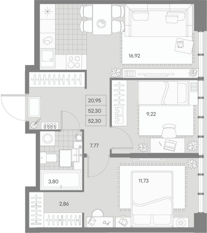 3-комнатная (Евро) квартира, 52.3 м² - планировка, фото №1