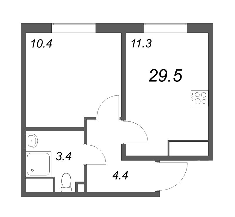 1-комнатная квартира, 29.5 м² - планировка, фото №1