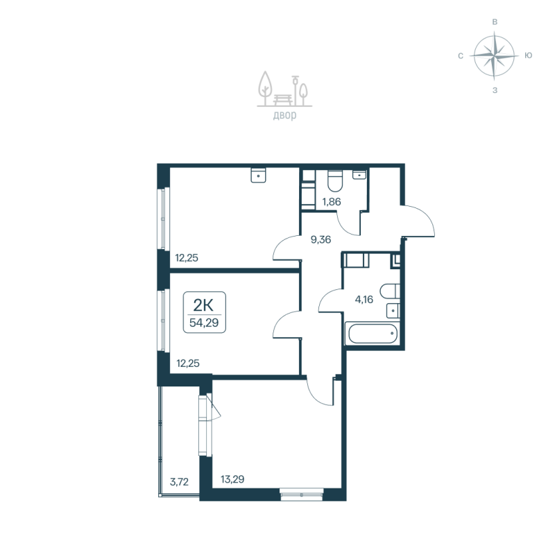 2-комнатная квартира, 54.29 м² - планировка, фото №1
