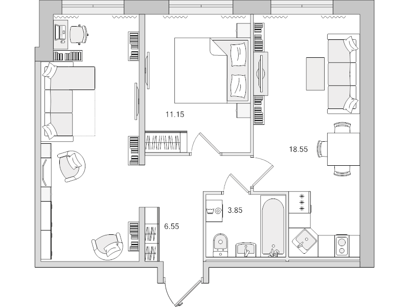 2-комнатная (Евро) квартира, 58.28 м² в ЖК "Parkolovo" - планировка, фото №1