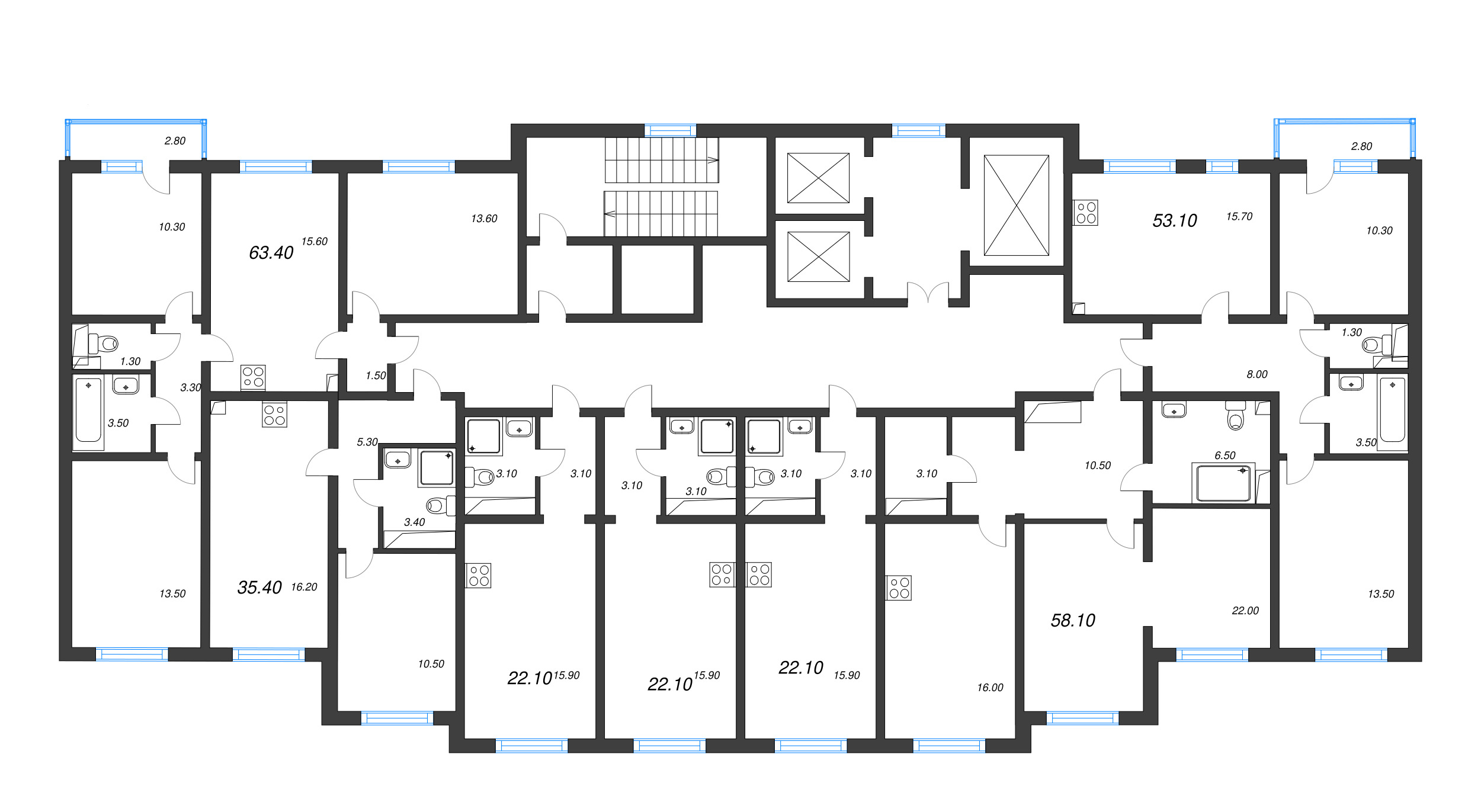 3-комнатная (Евро) квартира, 63.4 м² в ЖК "Ручьи" - планировка этажа