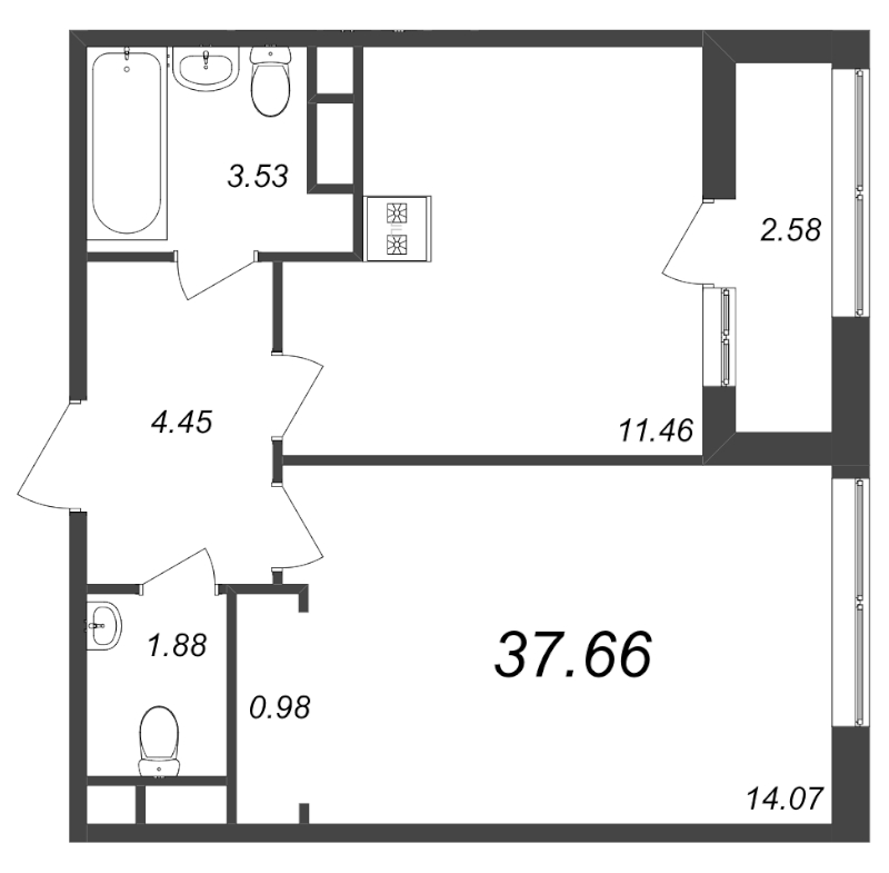 1-комнатная квартира, 37.66 м² - планировка, фото №1