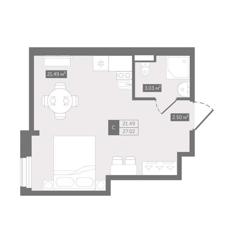 Квартира-студия, 27.02 м² в ЖК "Zoom Черная речка" - планировка, фото №1