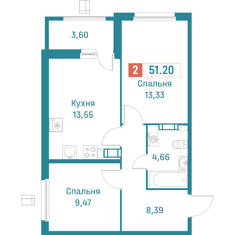 2-комнатная квартира, 51.2 м² в ЖК "Графика" - планировка, фото №1