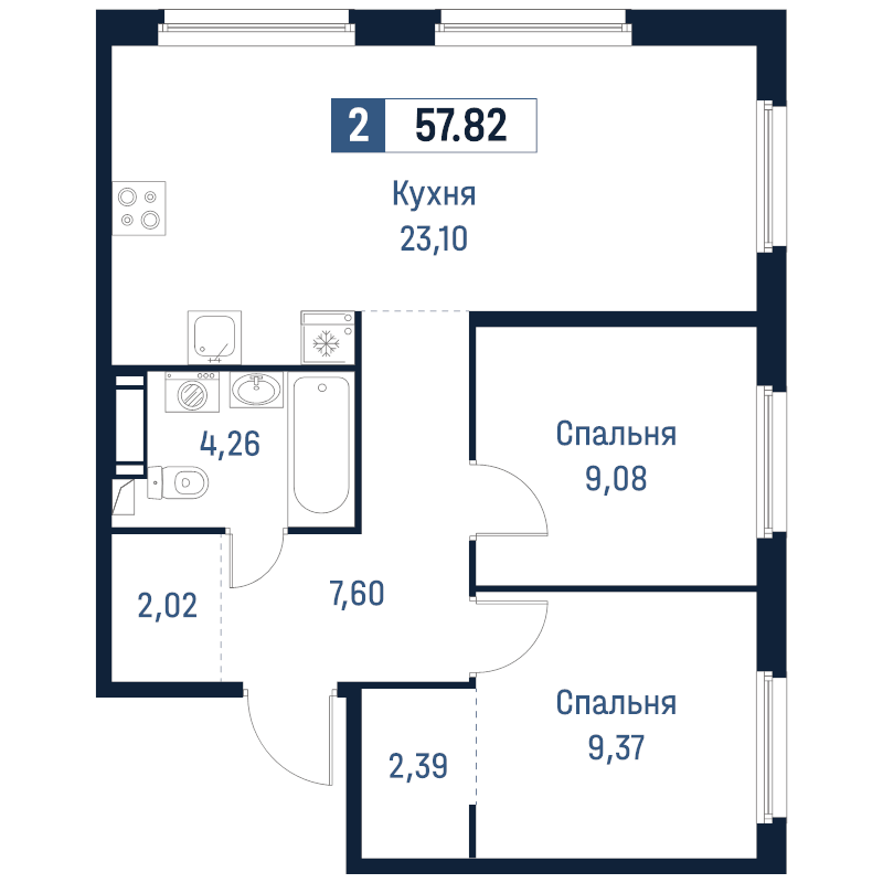 3-комнатная (Евро) квартира, 57.82 м² в ЖК "Максималист" - планировка, фото №1