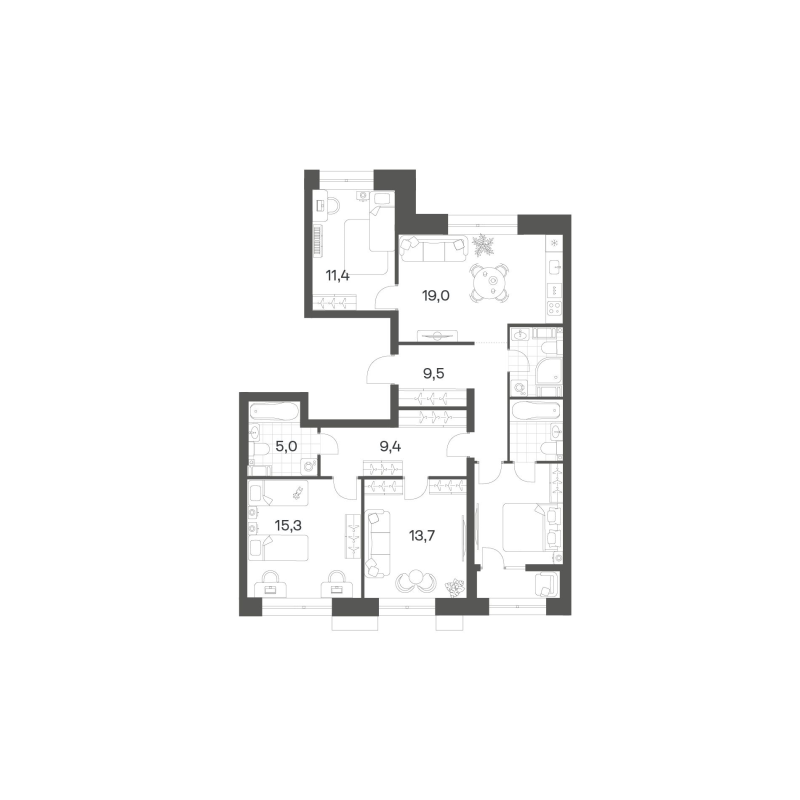 5-комнатная (Евро) квартира, 102.03 м² в ЖК "Новый Питер" - планировка, фото №1