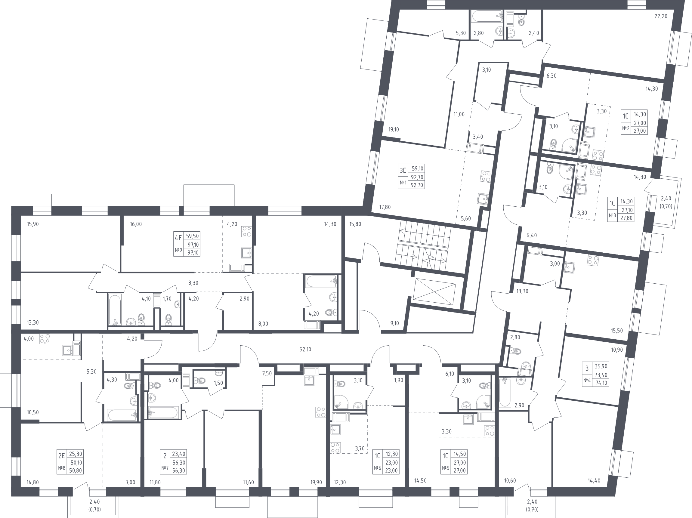 3-комнатная (Евро) квартира, 92.7 м² в ЖК "Курортный Квартал" - планировка этажа