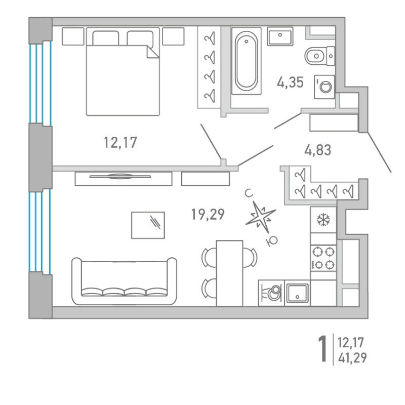 2-комнатная (Евро) квартира, 41.29 м² в ЖК "Министр" - планировка, фото №1