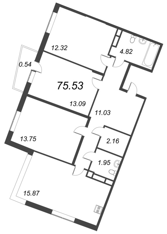 4-комнатная (Евро) квартира, 75.53 м² - планировка, фото №1