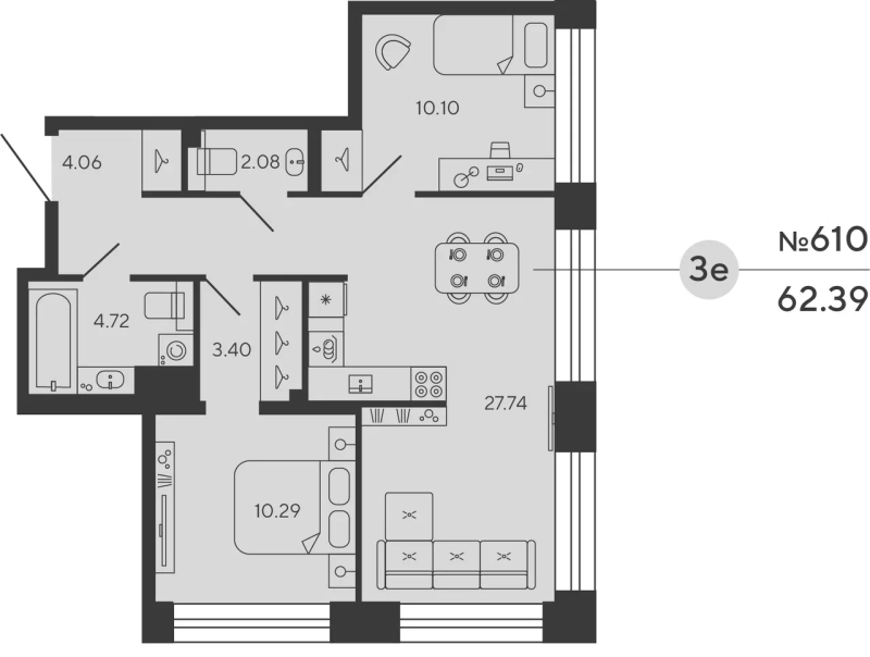 3-комнатная (Евро) квартира, 62.39 м² в ЖК "Башни Элемент" - планировка, фото №1