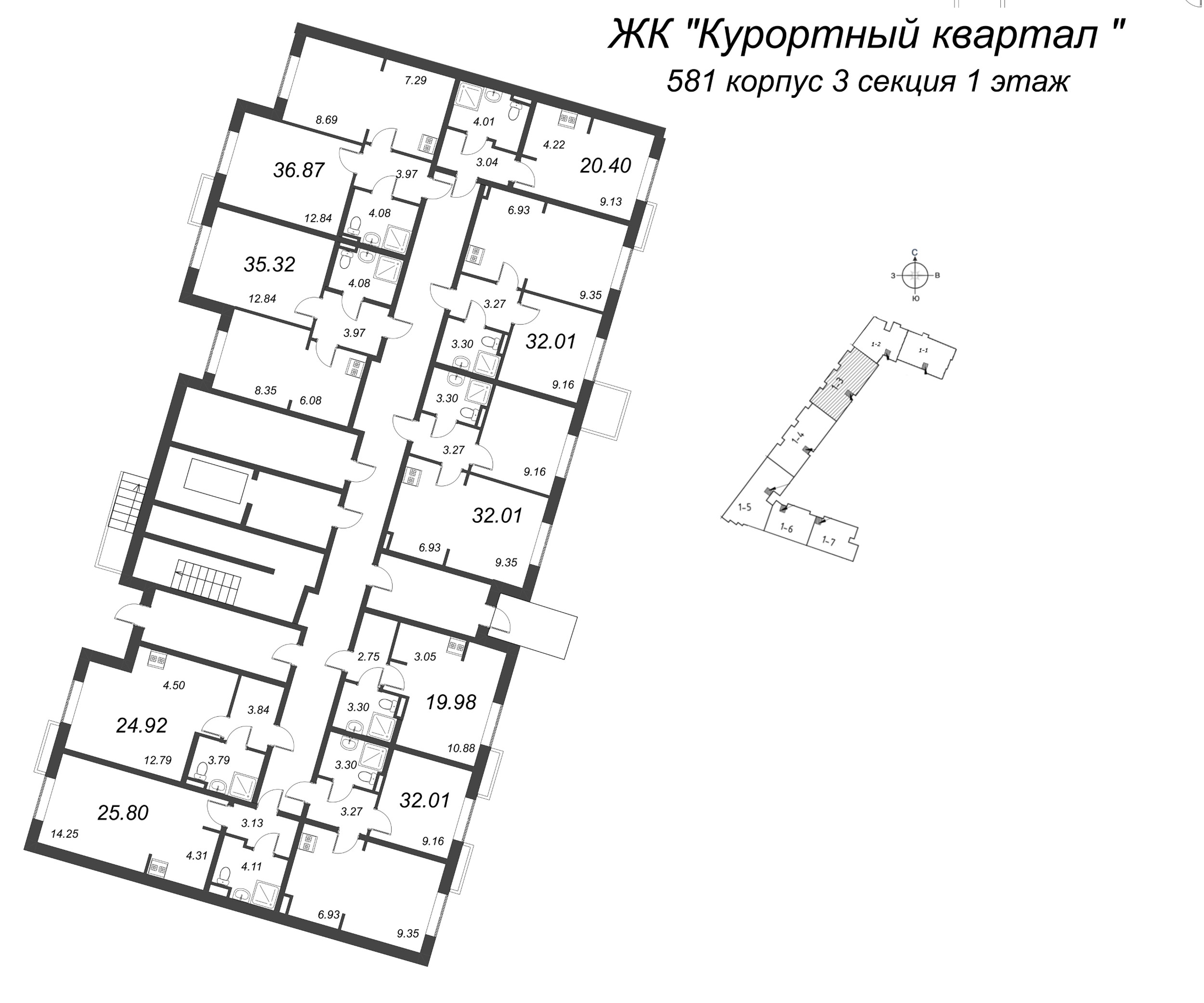 2-комнатная (Евро) квартира, 32.01 м² в ЖК "Курортный Квартал" - планировка этажа