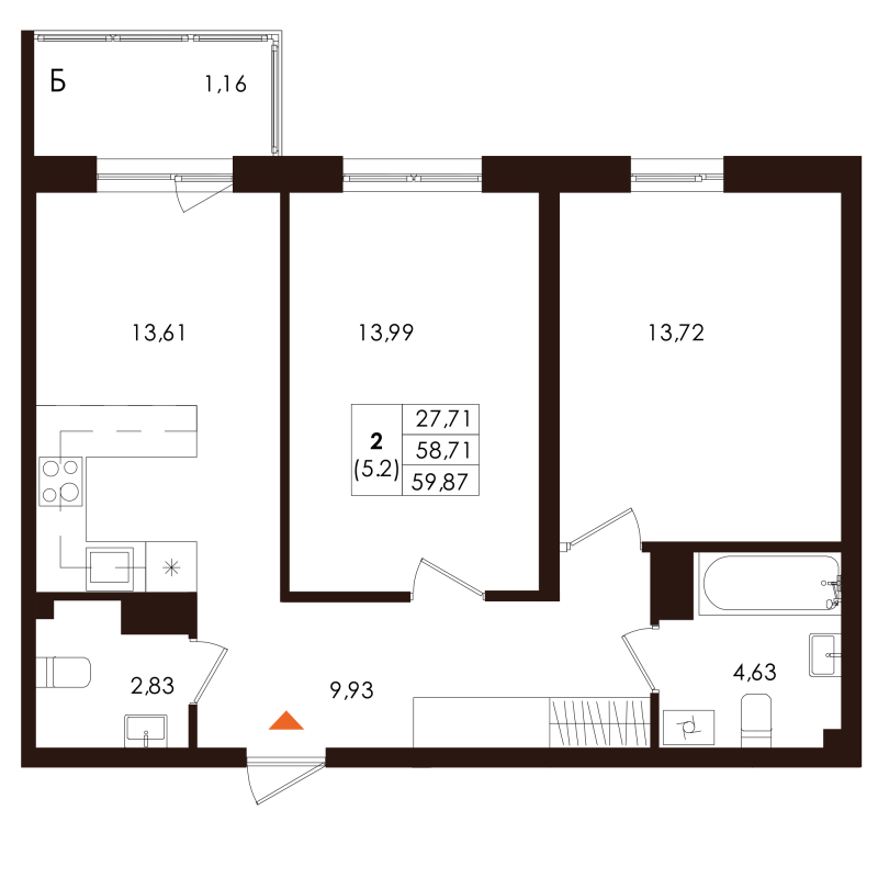 2-комнатная квартира, 59.87 м² - планировка, фото №1