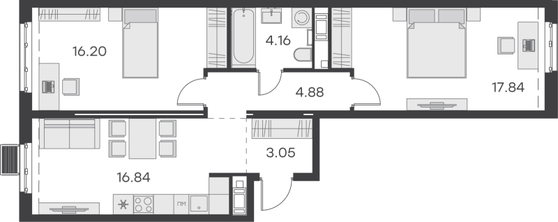 3-комнатная (Евро) квартира, 62.97 м² - планировка, фото №1