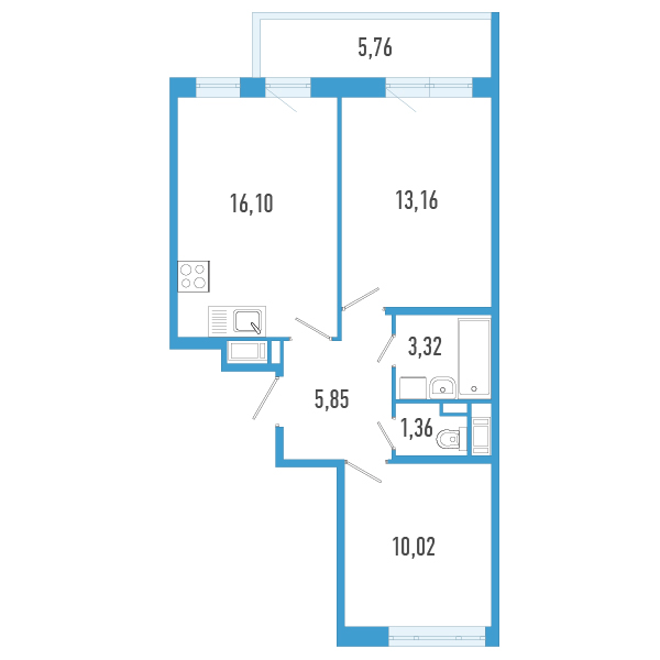 3-комнатная (Евро) квартира, 51.54 м² в ЖК "AEROCITY" - планировка, фото №1