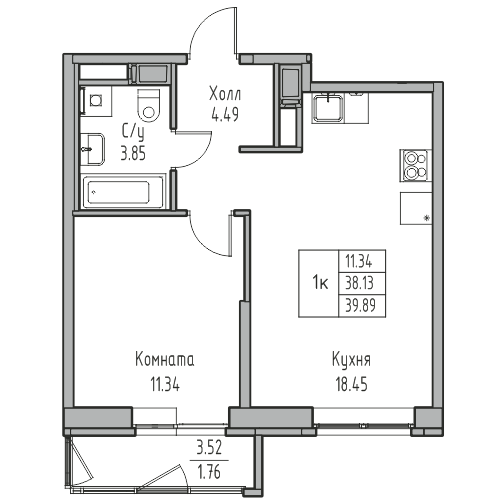 2-комнатная (Евро) квартира, 39.89 м² в ЖК "Юнтолово" - планировка, фото №1