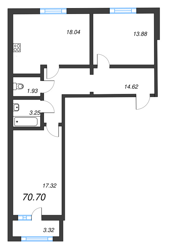 3-комнатная (Евро) квартира, 70.7 м² в ЖК "Расцветай в Янино" - планировка, фото №1