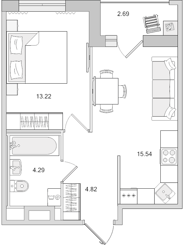 2-комнатная (Евро) квартира, 40.56 м² в ЖК "Город Первых" - планировка, фото №1