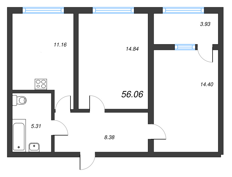 2-комнатная квартира, 56.06 м² - планировка, фото №1