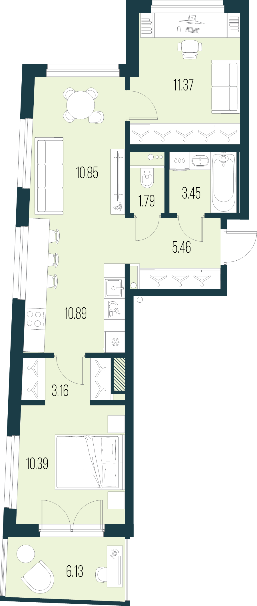 3-комнатная (Евро) квартира, 57.36 м² в ЖК "Новая Земля" - планировка, фото №1