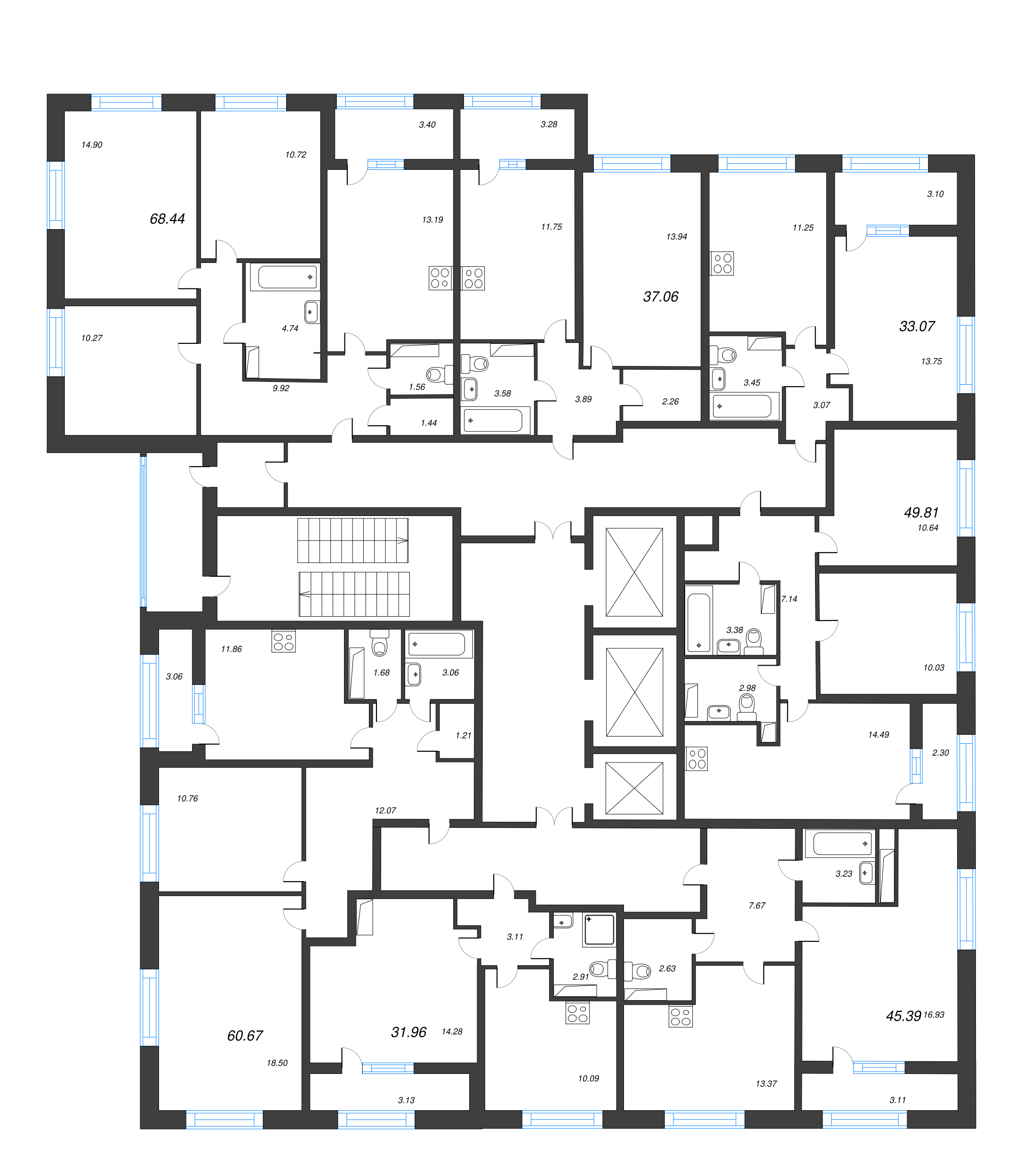 3-комнатная квартира, 68.44 м² в ЖК "БелАрт" - планировка этажа