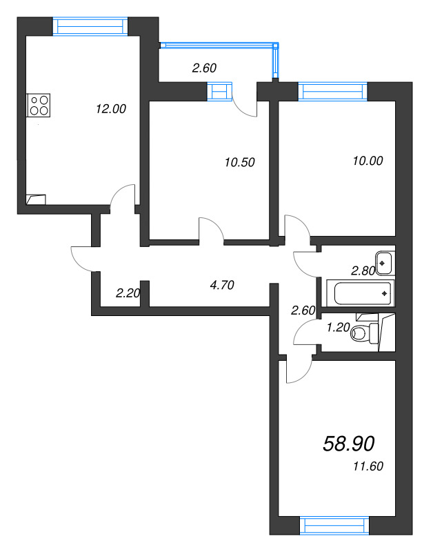 3-комнатная квартира, 58.9 м² - планировка, фото №1