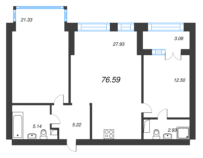 3-комнатная (Евро) квартира, 80.1 м² в ЖК "Наука" - планировка, фото №1