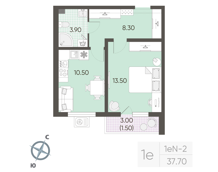 1-комнатная квартира, 37.7 м² в ЖК "Ручьи" - планировка, фото №1