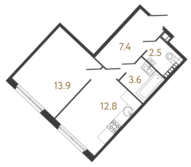 1-комнатная квартира, 40.2 м² - планировка, фото №1