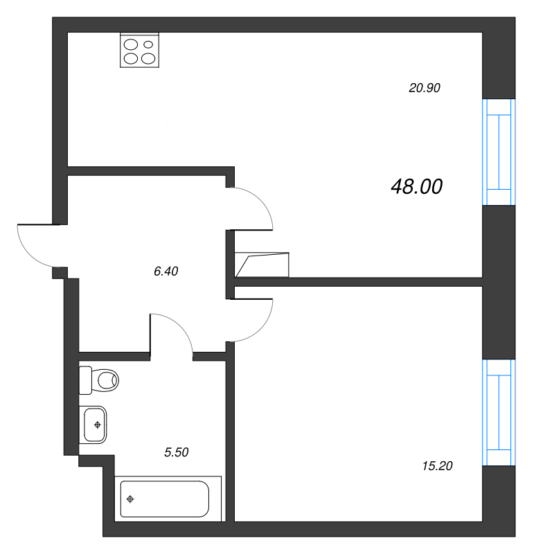 2-комнатная (Евро) квартира, 47.8 м² - планировка, фото №1