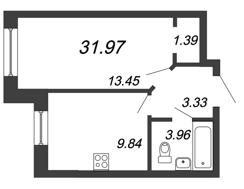 1-комнатная квартира, 31.97 м² - планировка, фото №1