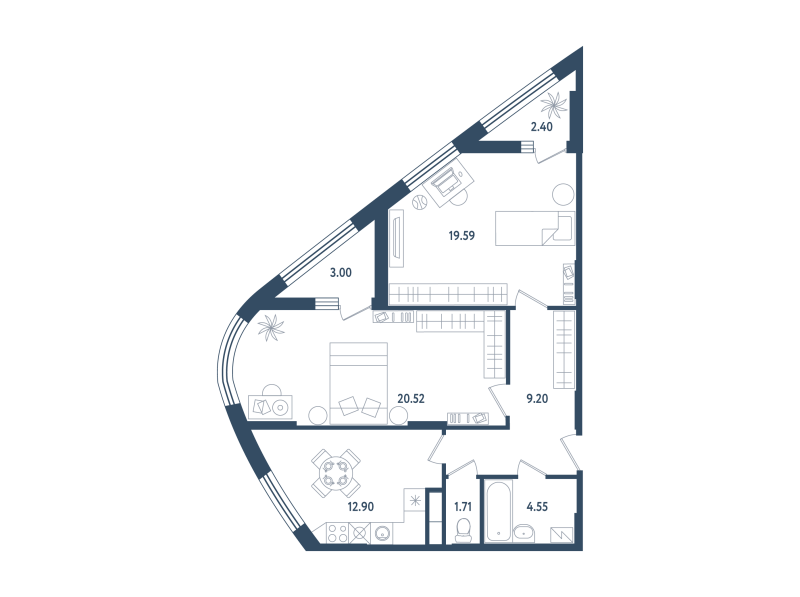 2-комнатная квартира, 71.17 м² - планировка, фото №1