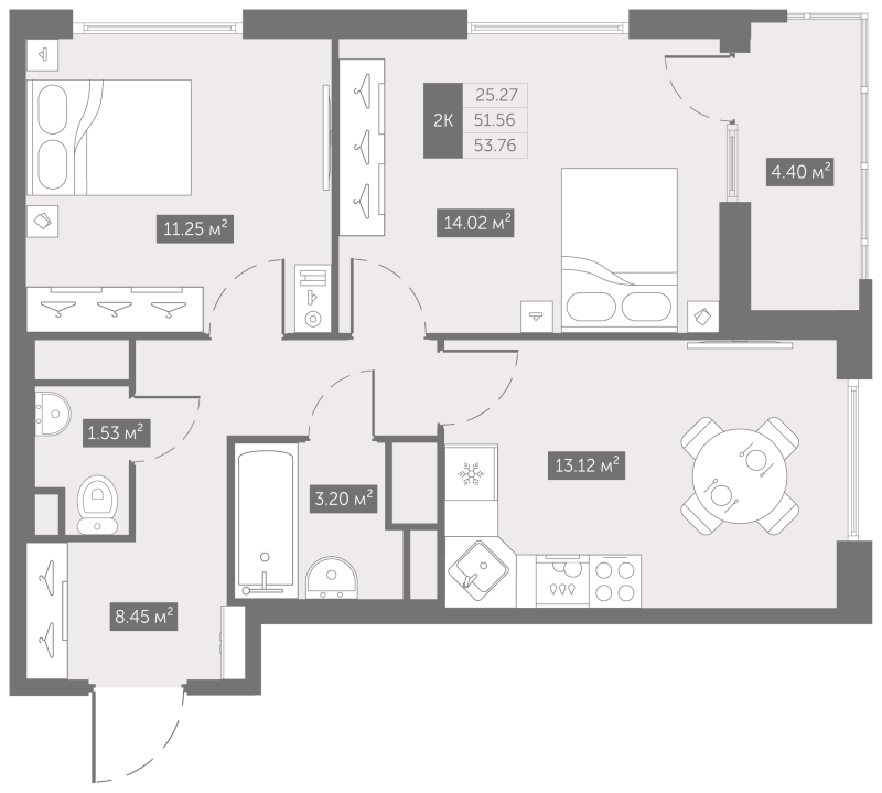 2-комнатная квартира, 53.76 м² - планировка, фото №1