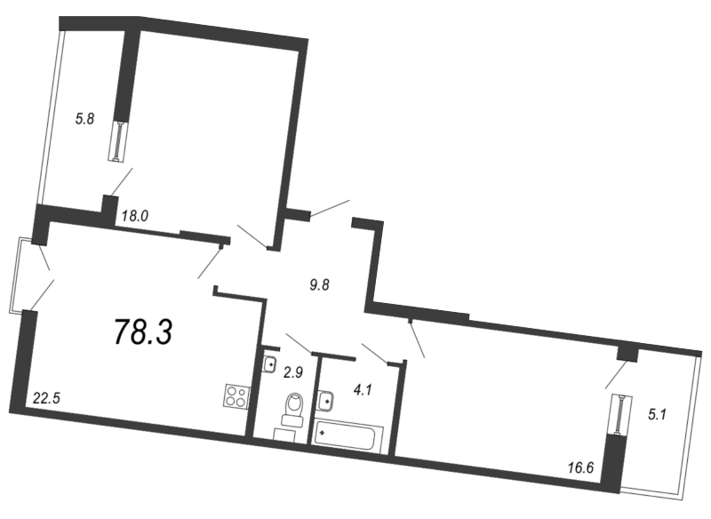 2-комнатная квартира, 78.8 м² - планировка, фото №1