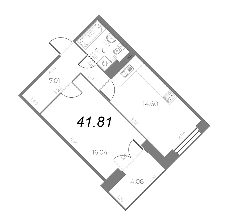 1-комнатная квартира, 43.84 м² - планировка, фото №1