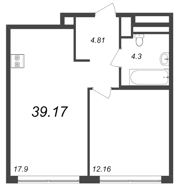 2-комнатная (Евро) квартира, 39.17 м² в ЖК "GloraX Premium Василеостровский" - планировка, фото №1