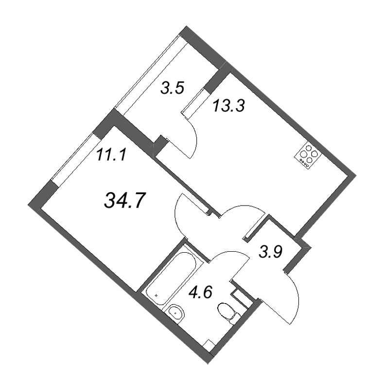 1-комнатная квартира, 34.7 м² - планировка, фото №1
