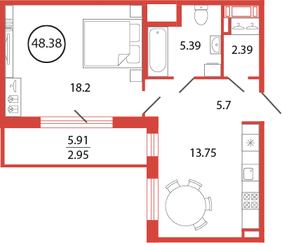 1-комнатная квартира, 48.38 м² в ЖК "Энфилд" - планировка, фото №1